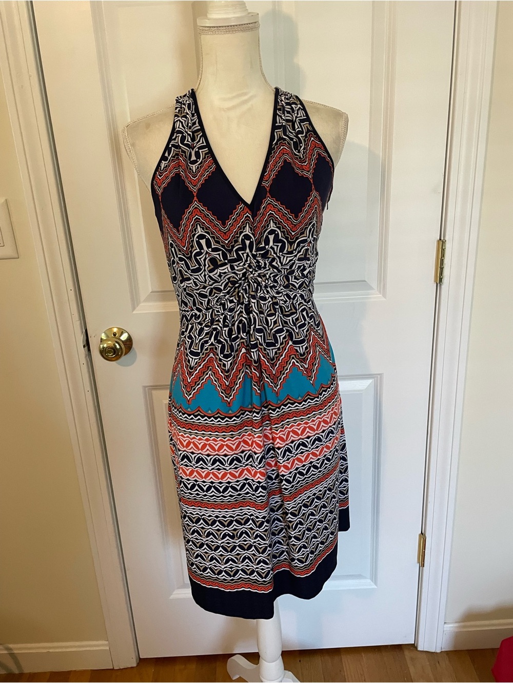 Laundry By Shelli Segal Navy, Coral & Teal Chevron Halter Midi Dress